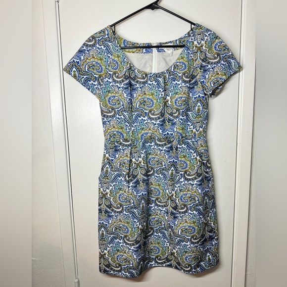 J. Crew Dresses & Skirts - J. Crew Peacock Paisley Scoop Neck Short Sleeve Shift Blue White Yellow Dress 4